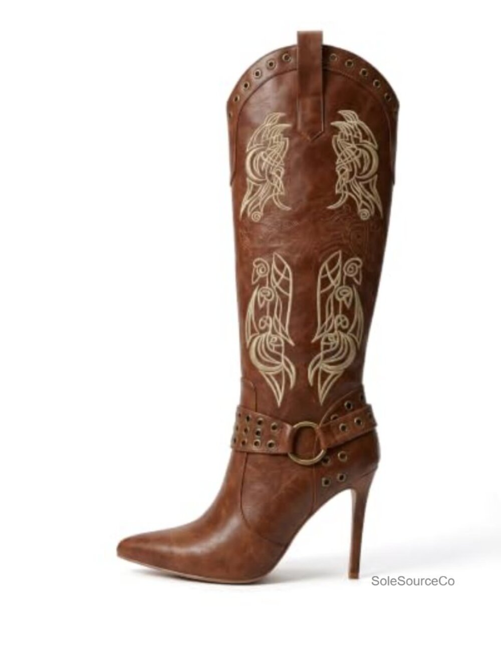 Faux Leather Western Knee High Boots Embroidered Pointed Toe Stiletto Heel